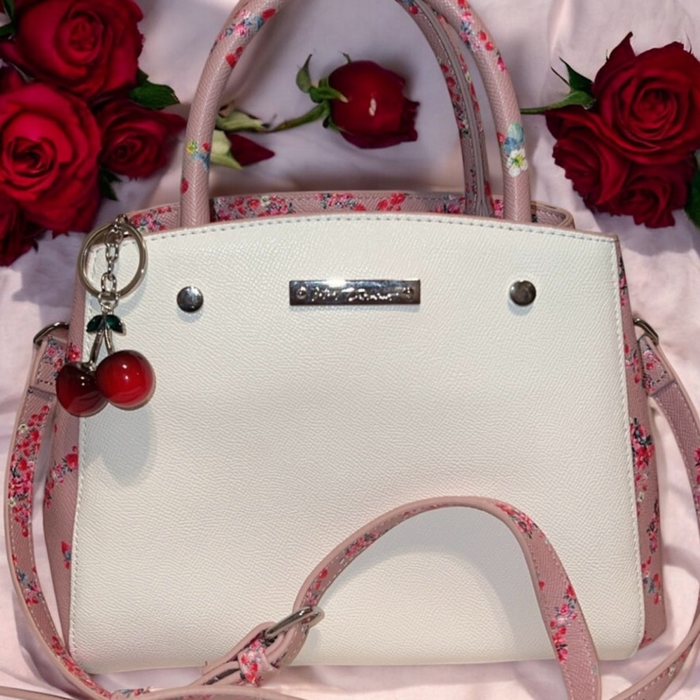 Betsey Johnson White and Pink Floral Satchel with Cherry Charm